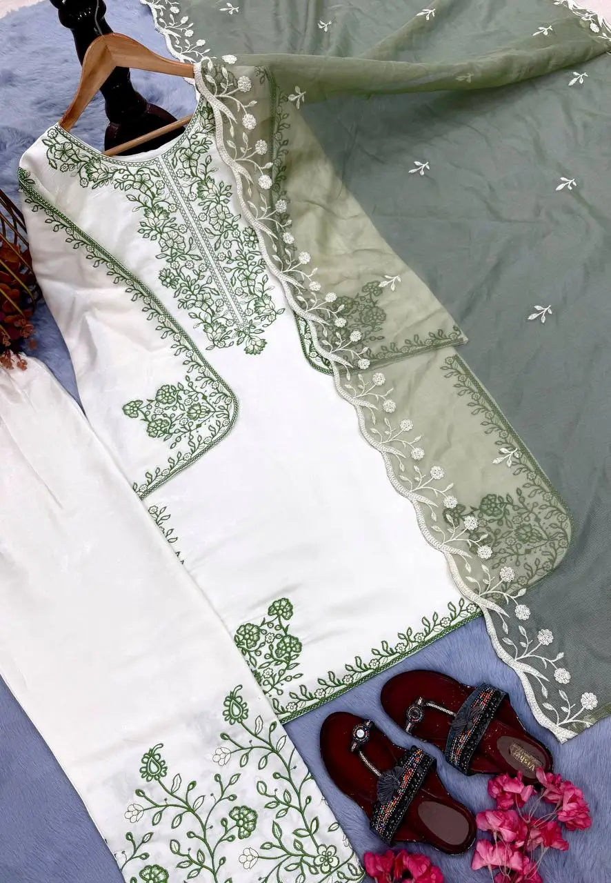 White Roman Glass Embroidery Suit with Dupatta