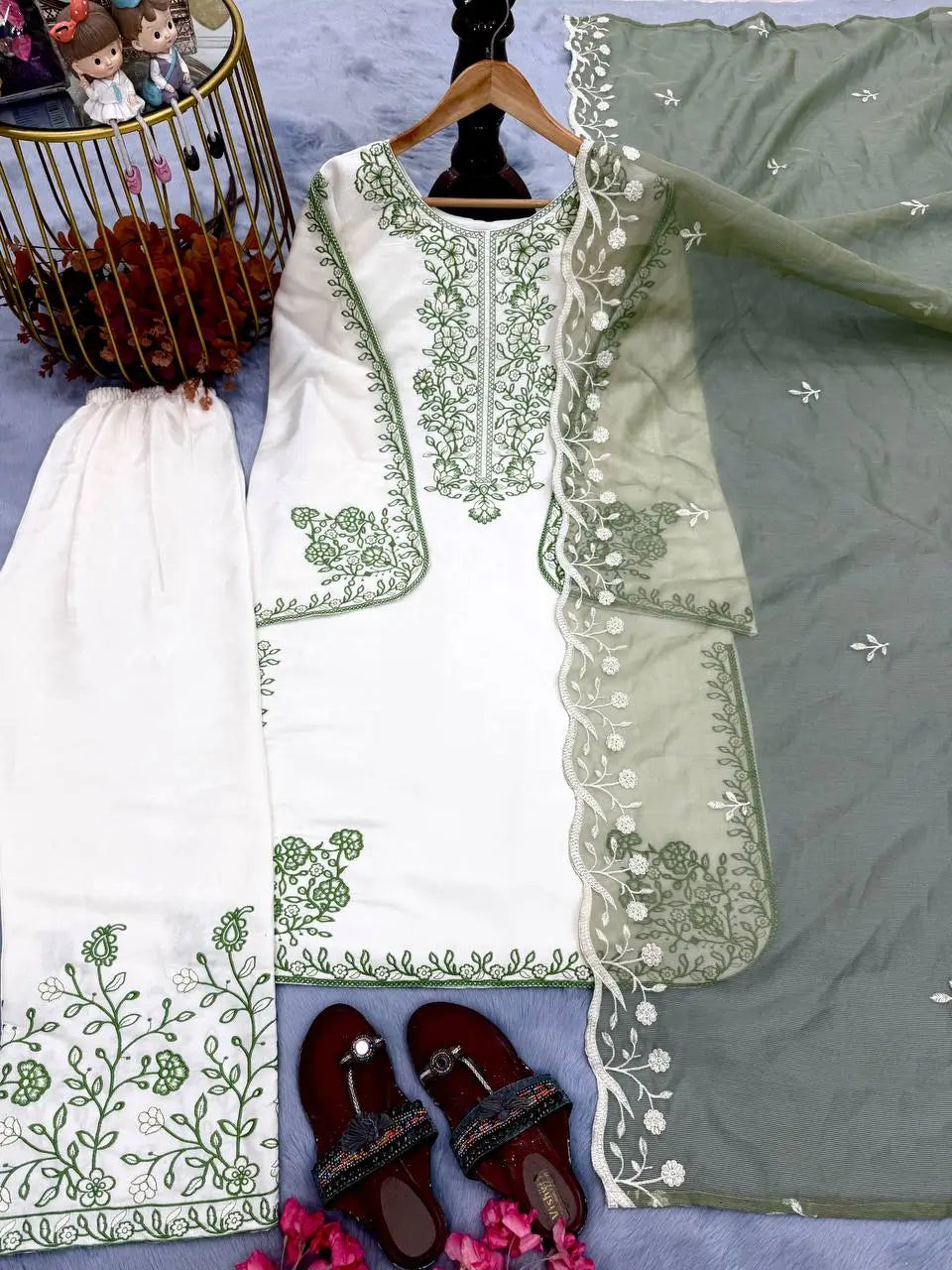 White Roman Glass Embroidery Suit with Dupatta
