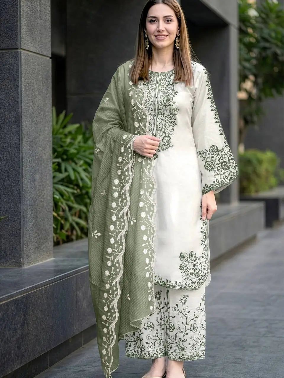 White Roman Glass Embroidery Suit with Dupatta