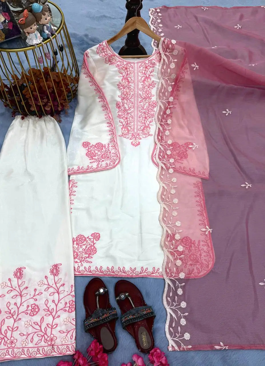 White Roman Glass Embroidery Suit with Dupatta