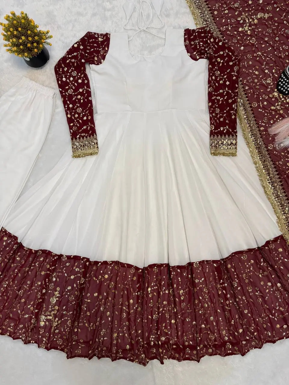White and Maroon Faux Georgette Designer Maxi Anarkali Suit for Wedding and Festive Wear
