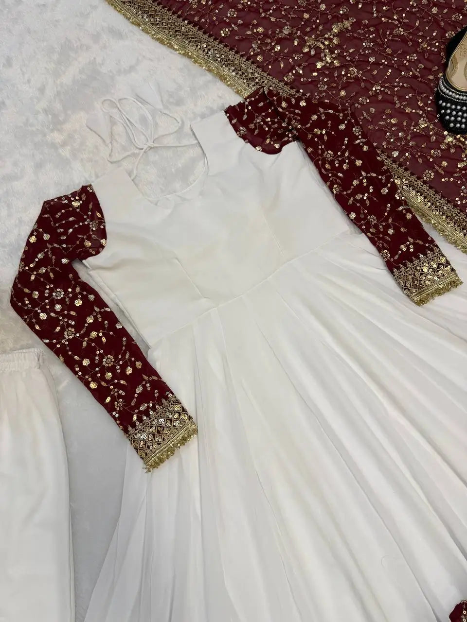 White and Maroon Faux Georgette Designer Maxi Anarkali Suit for Wedding and Festive Wear