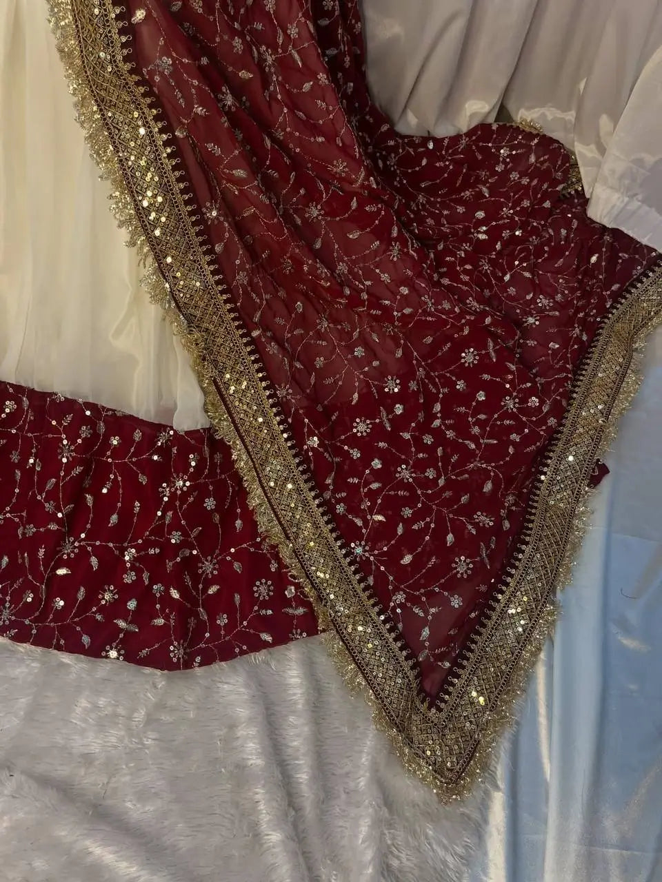 White and Maroon Faux Georgette Designer Maxi Anarkali Suit for Wedding and Festive Wear