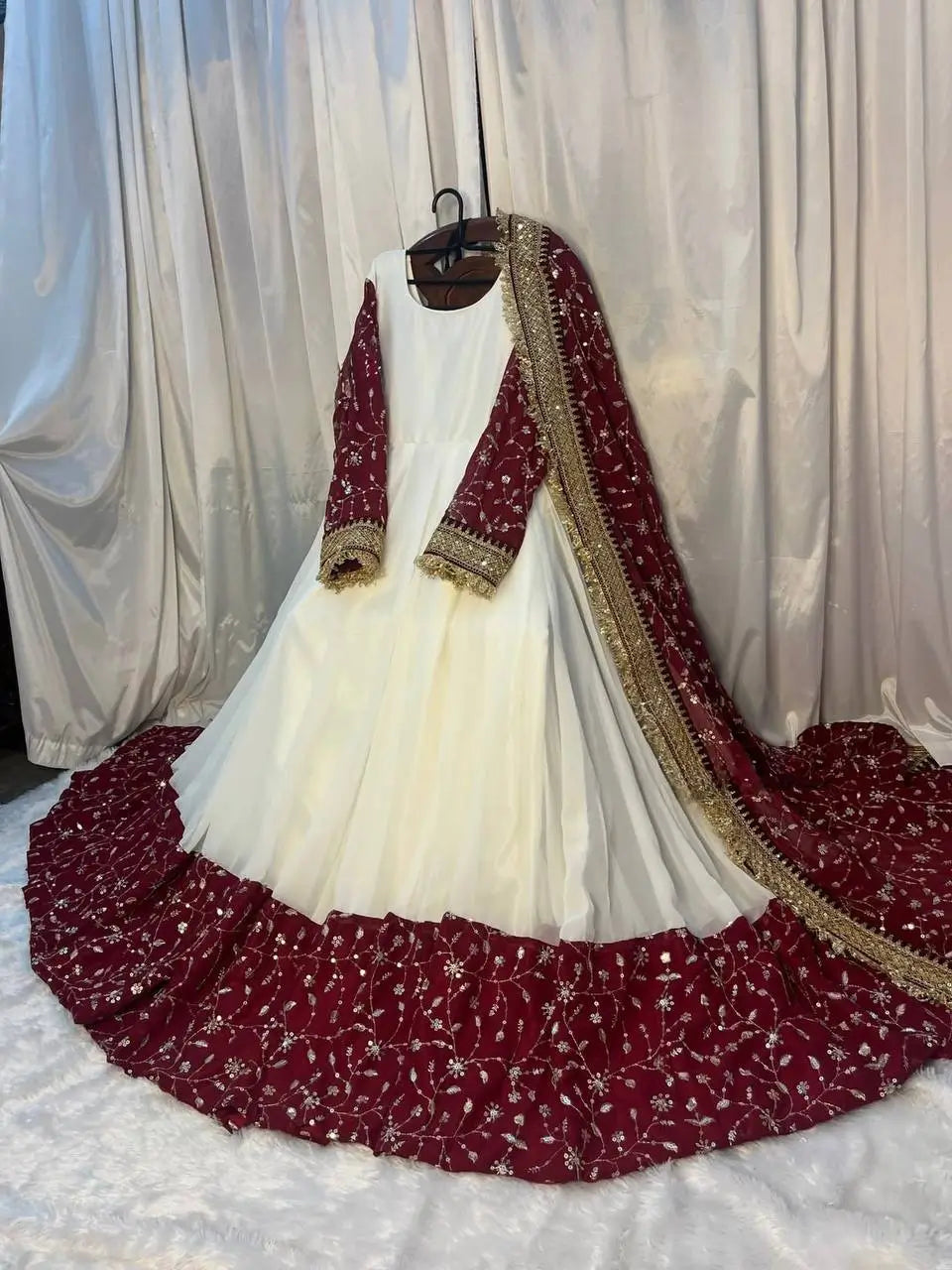 White and Maroon Faux Georgette Designer Maxi Anarkali Suit for Wedding and Festive Wear