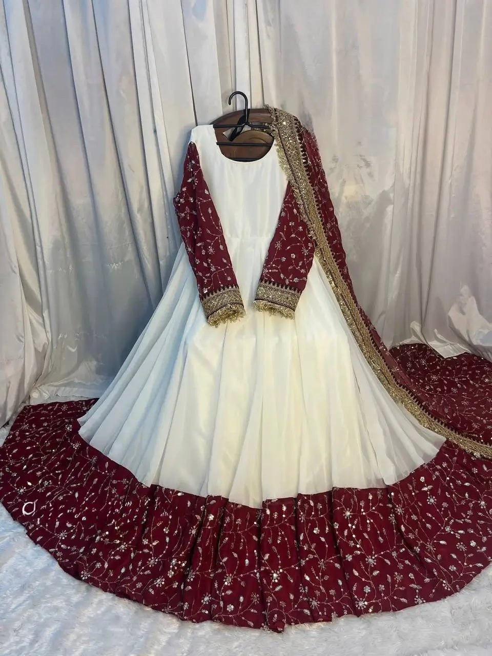 White and Maroon Faux Georgette Designer Maxi Anarkali Suit for Wedding and Festive Wear