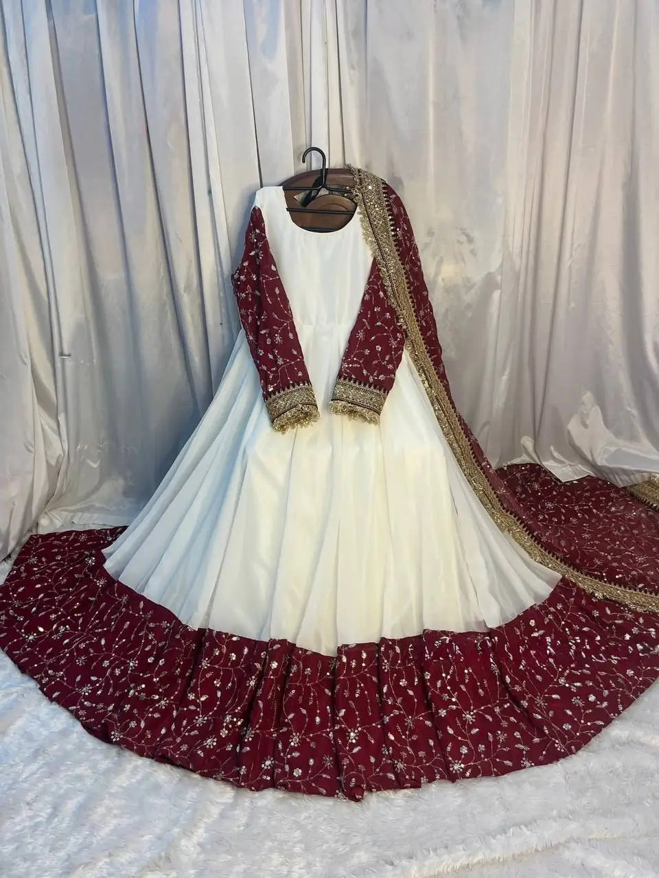 White and Maroon Faux Georgette Designer Maxi Anarkali Suit for Wedding and Festive Wear