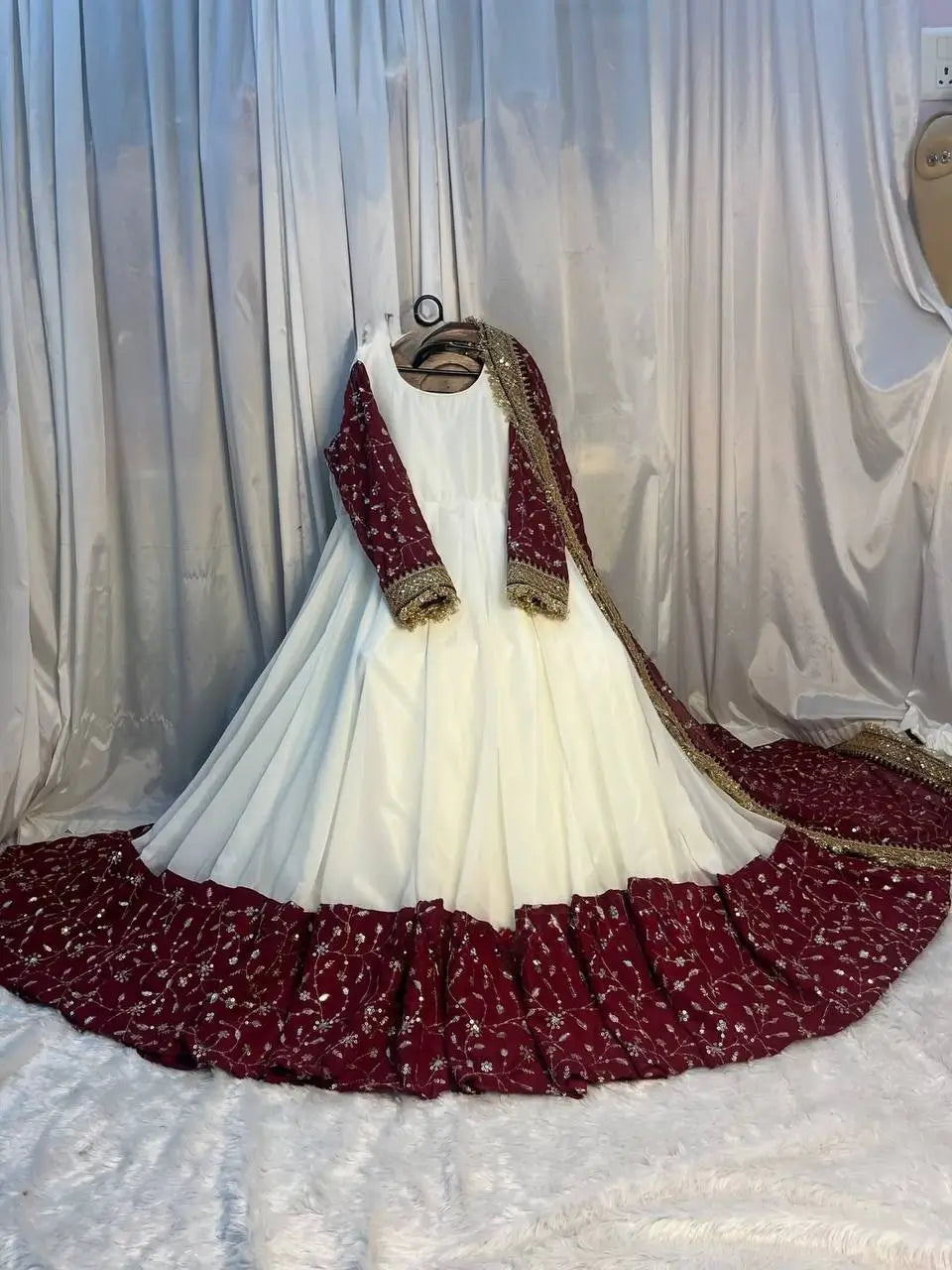 White and Maroon Faux Georgette Designer Maxi Anarkali Suit for Wedding and Festive Wear