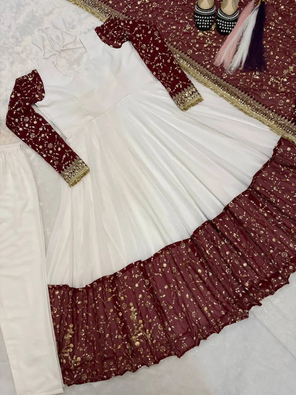 White and Maroon Faux Georgette Designer Maxi Anarkali Suit for Wedding and Festive Wear