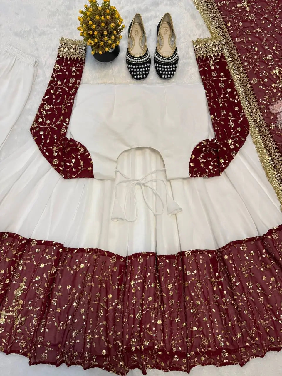 White and Maroon Faux Georgette Designer Maxi Anarkali Suit for Wedding and Festive Wear