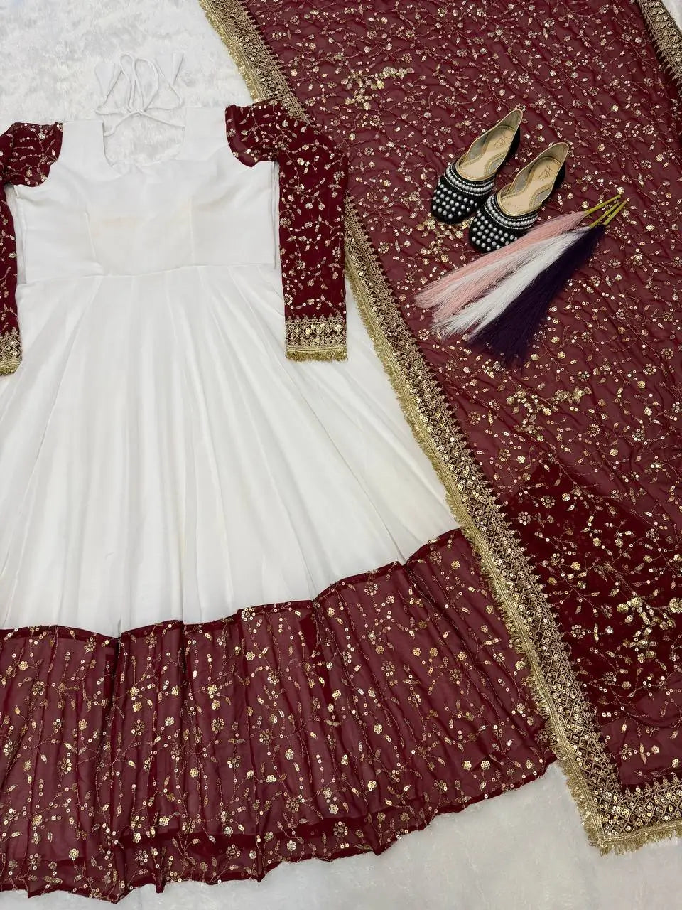 White and Maroon Faux Georgette Designer Maxi Anarkali Suit for Wedding and Festive Wear