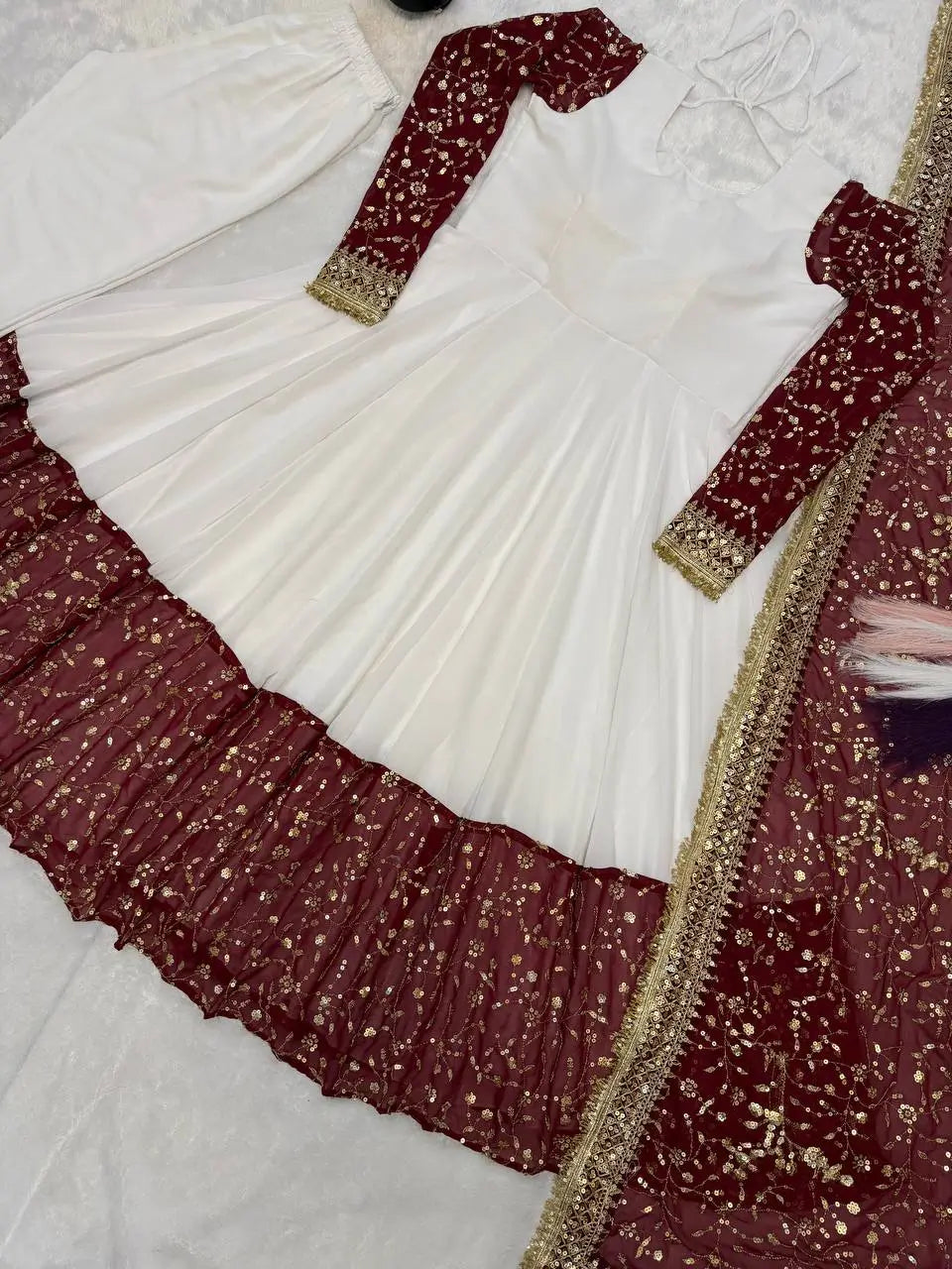 White and Maroon Faux Georgette Designer Maxi Anarkali Suit for Wedding and Festive Wear