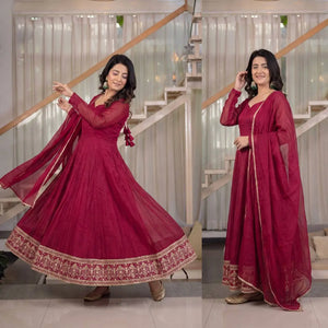 Wine Border Embroidered Anarkali