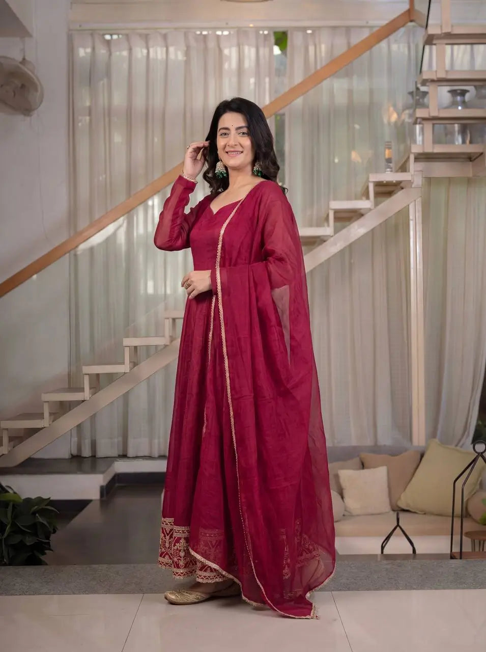 Wine Border Embroidered Anarkali