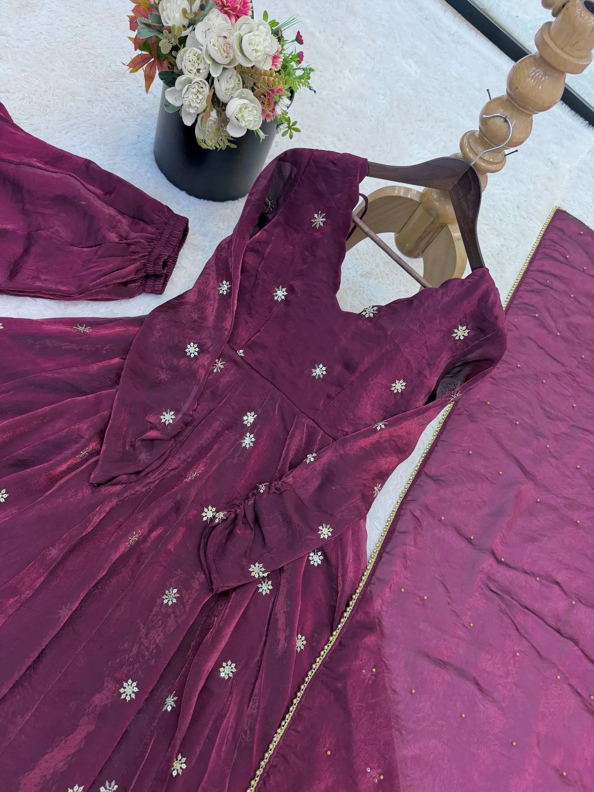 Wine Crunchy Silk Embroidered Gown Set for Festive and Wedding Wear