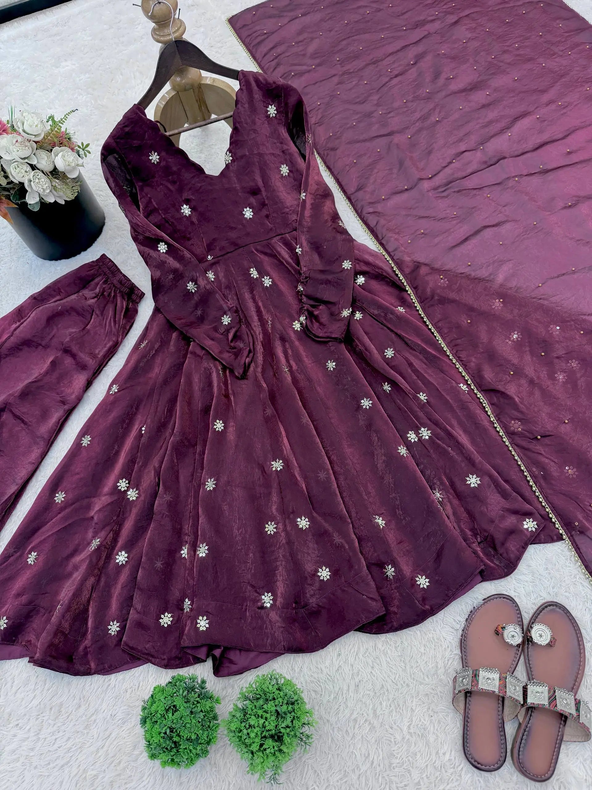 Wine Crunchy Silk Embroidered Gown Set for Festive and Wedding Wear