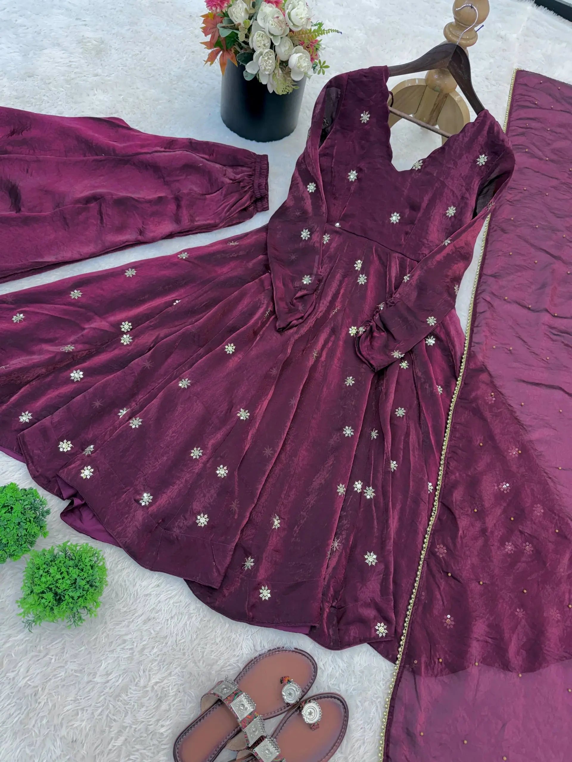 Wine Crunchy Silk Embroidered Gown Set for Festive and Wedding Wear