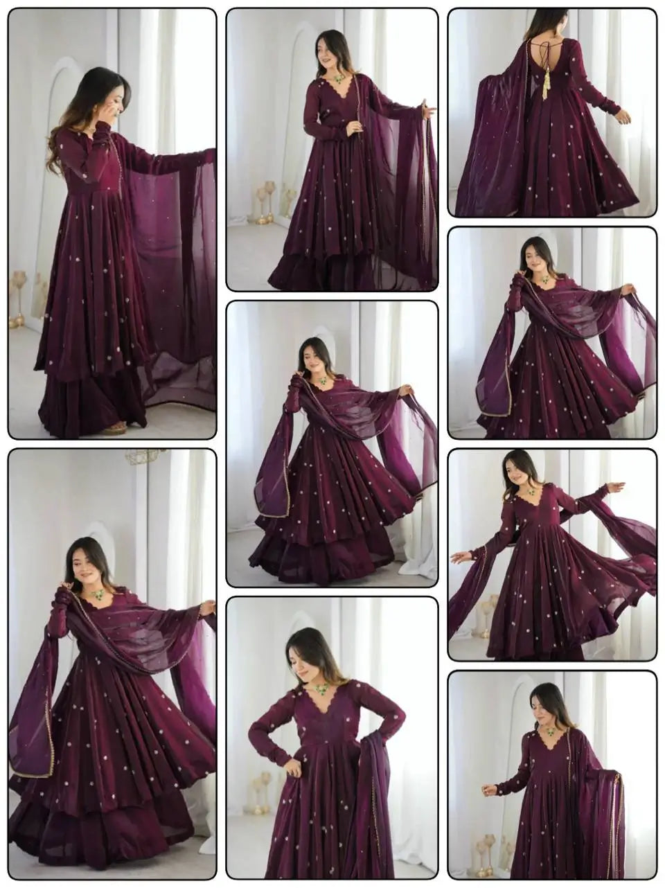 Wine Crunchy Silk Embroidered Gown Set for Festive and Wedding Wear