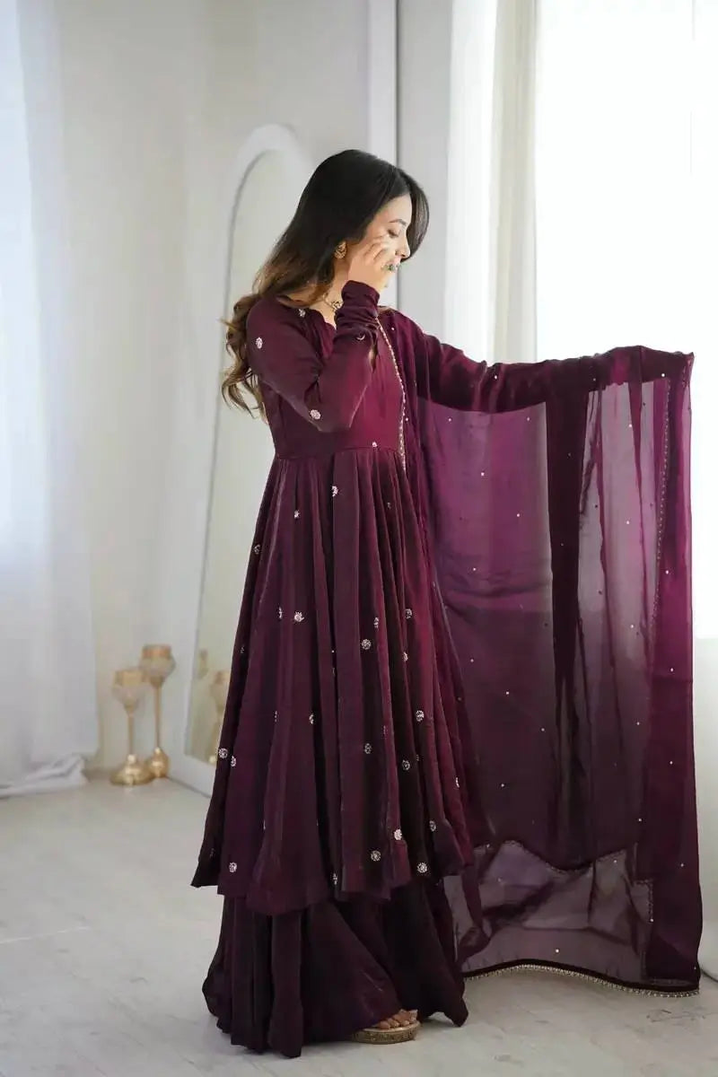 Wine Crunchy Silk Embroidered Gown Set for Festive and Wedding Wear