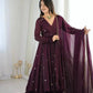 Wine Crunchy Silk Embroidered Gown Set for Festive and Wedding Wear