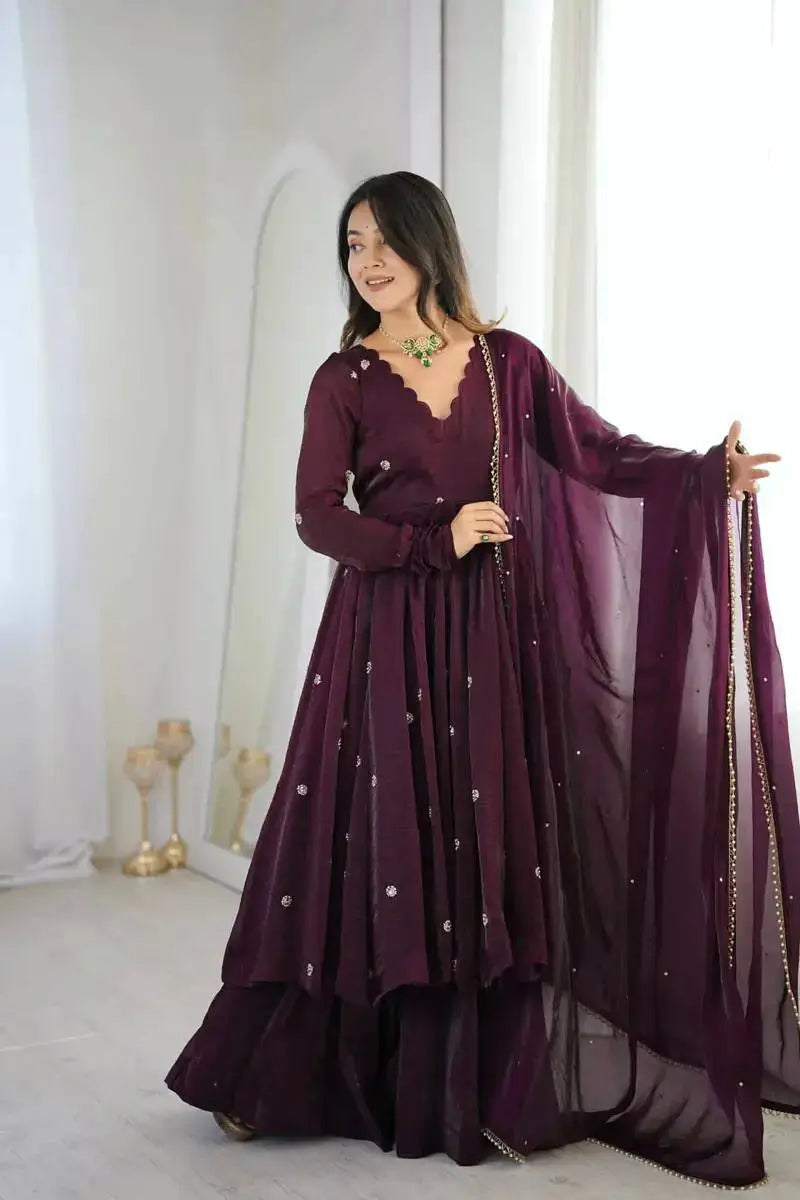 Wine Crunchy Silk Embroidered Gown Set for Festive and Wedding Wear