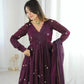Wine Crunchy Silk Embroidered Gown Set for Festive and Wedding Wear