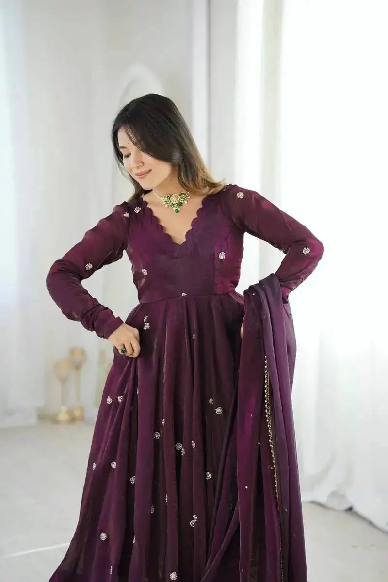 Wine Crunchy Silk Embroidered Gown Set for Festive and Wedding Wear