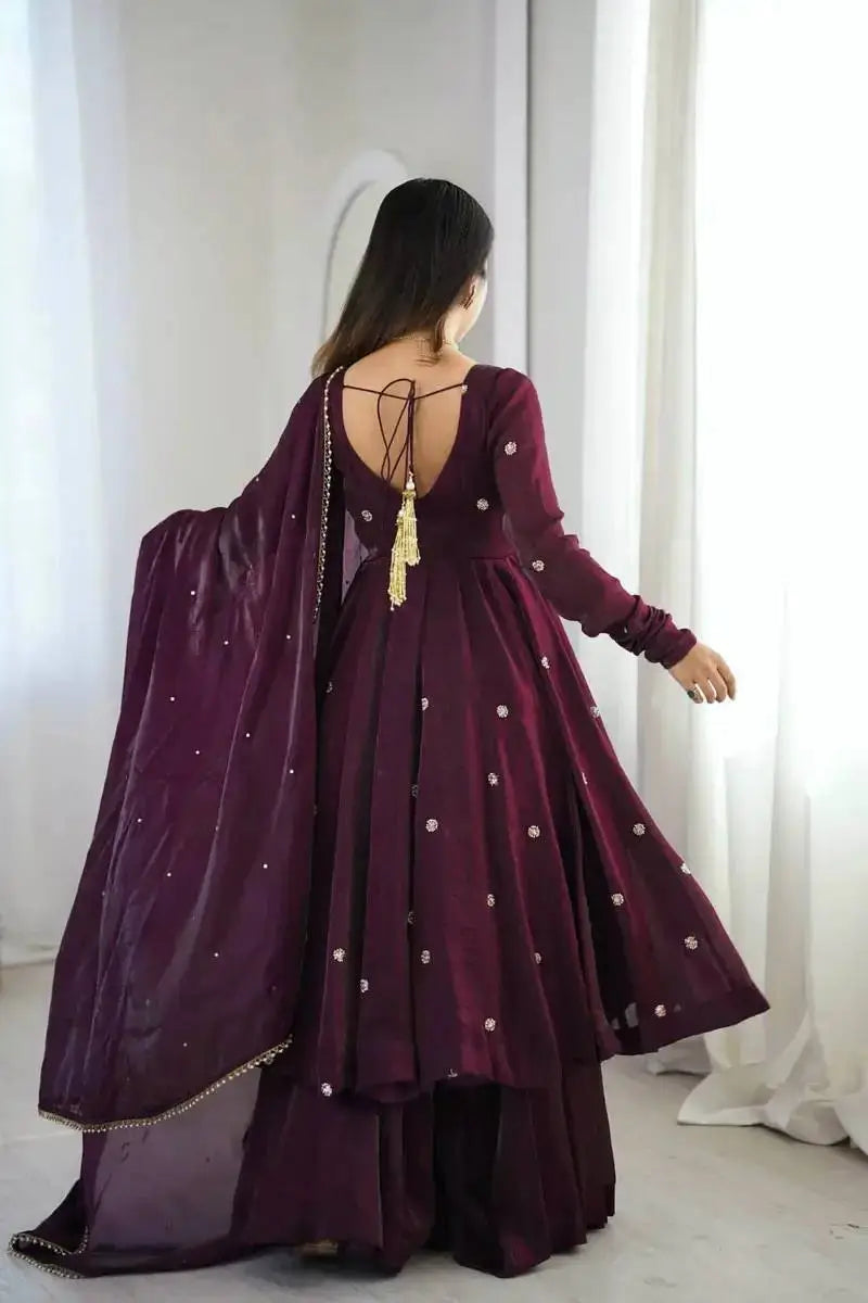 Wine Crunchy Silk Embroidered Gown Set for Festive and Wedding Wear