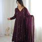 Wine Crunchy Silk Embroidered Gown Set for Festive and Wedding Wear