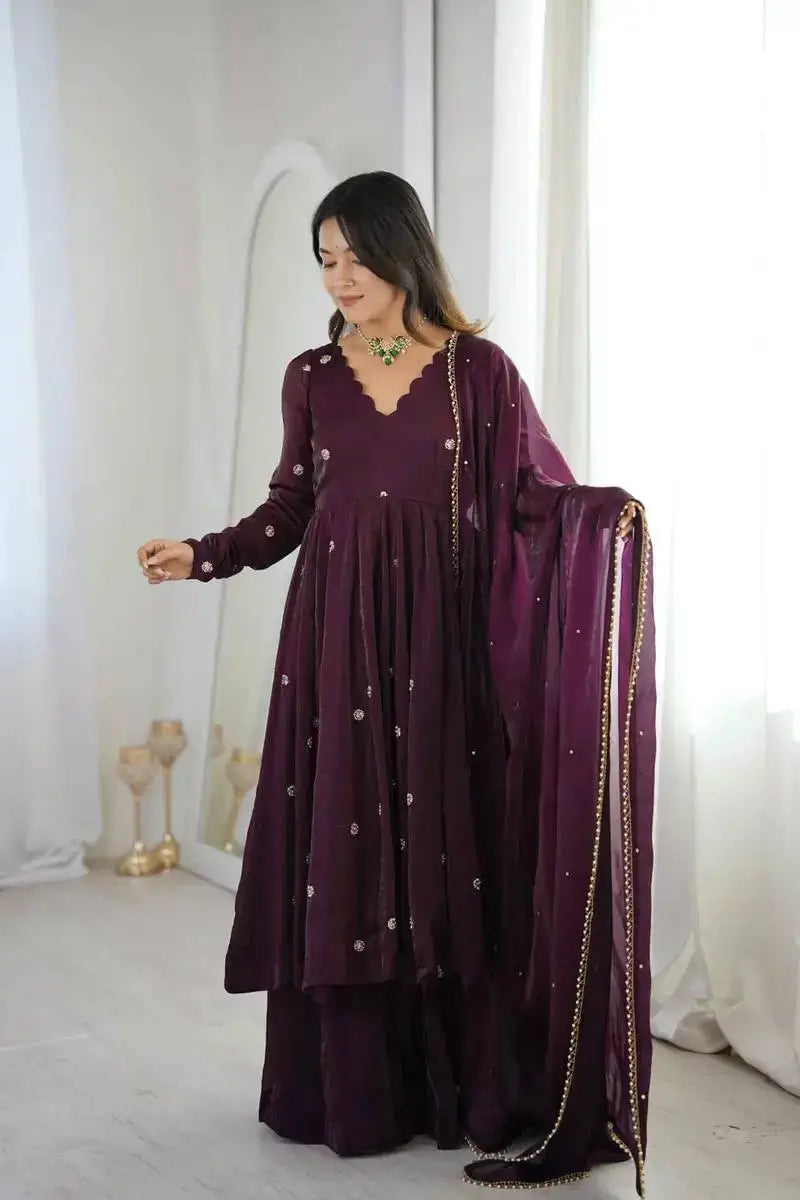 Wine Crunchy Silk Embroidered Gown Set for Festive and Wedding Wear