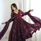 Wine Crunchy Silk Embroidered Gown Set for Festive and Wedding Wear