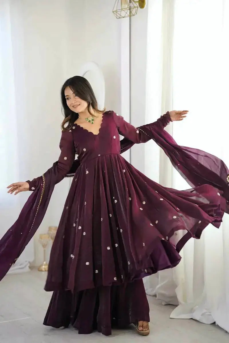 Wine Crunchy Silk Embroidered Gown Set for Festive and Wedding Wear