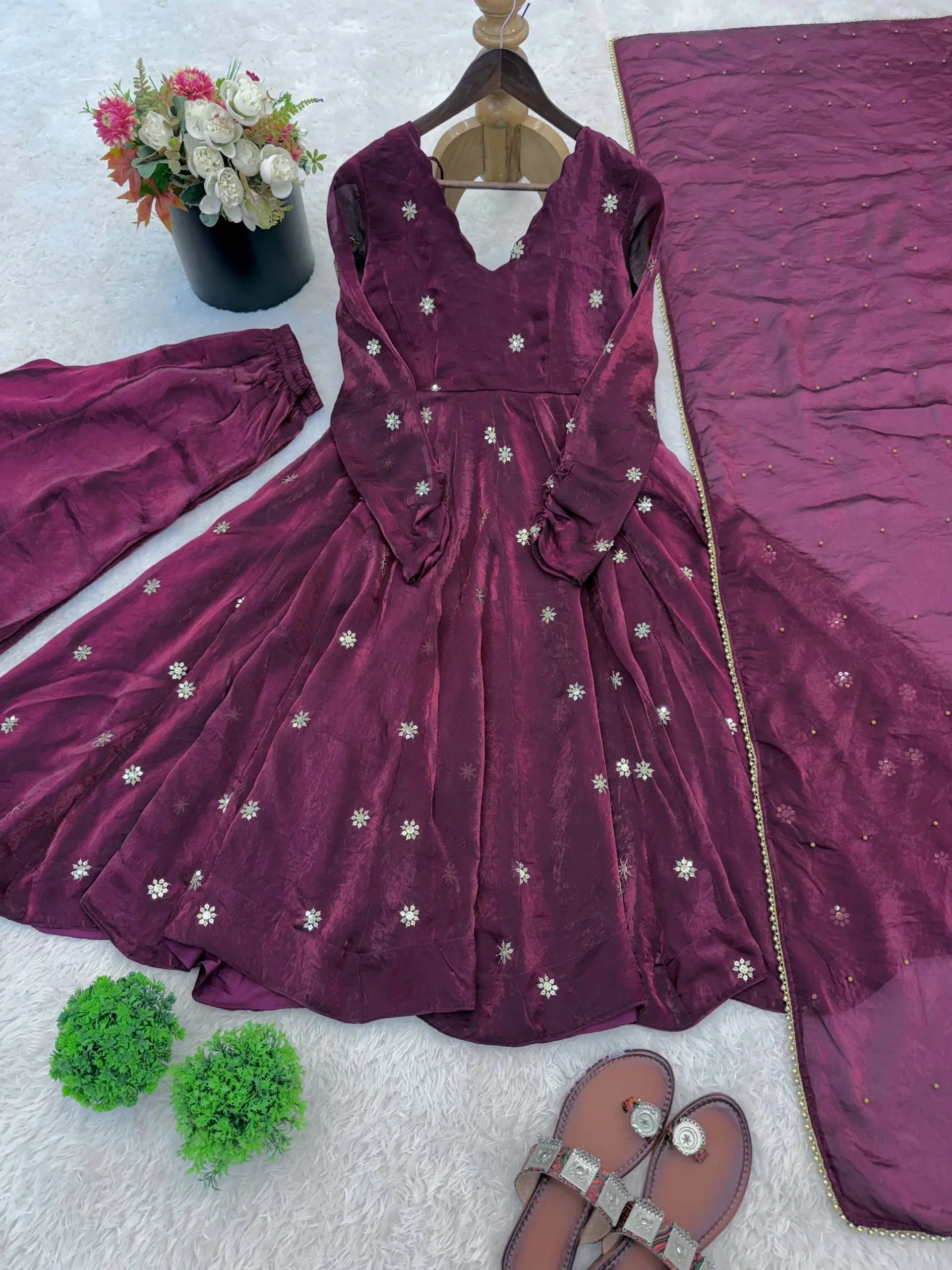 Wine Crunchy Silk Embroidered Gown Set for Festive and Wedding Wear