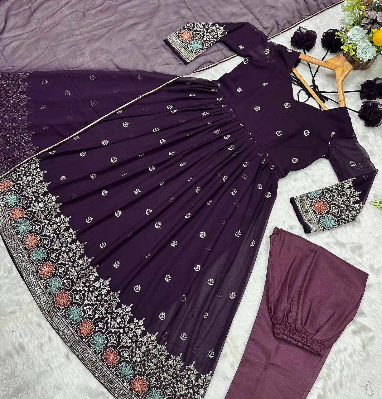 Wine Embroidered Blooming Anarkali Gown Set with Dupatta