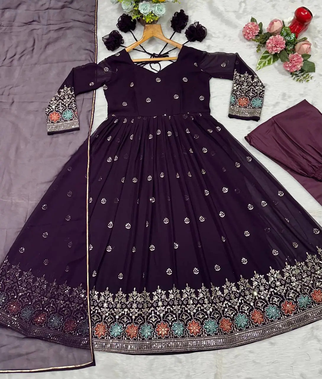 Wine Embroidered Blooming Anarkali Gown Set with Dupatta