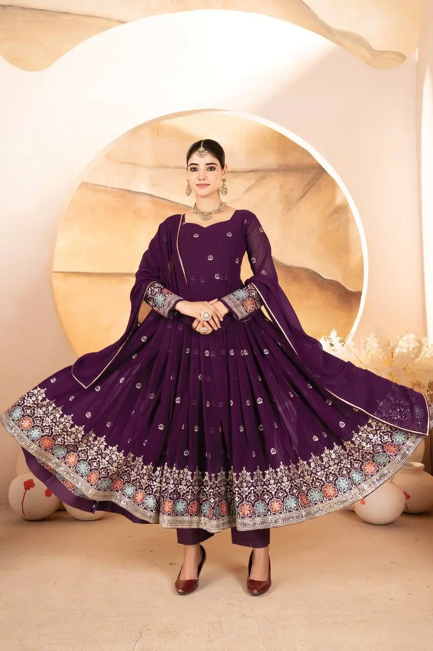 Wine Embroidered Blooming Anarkali Gown Set with Dupatta