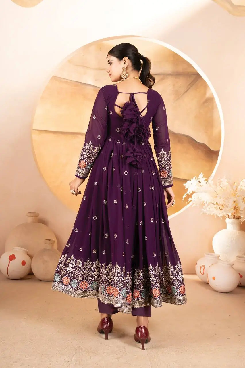 Wine Embroidered Blooming Anarkali Gown Set with Dupatta