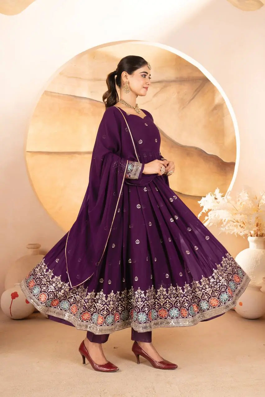 Wine Embroidered Blooming Anarkali Gown Set with Dupatta