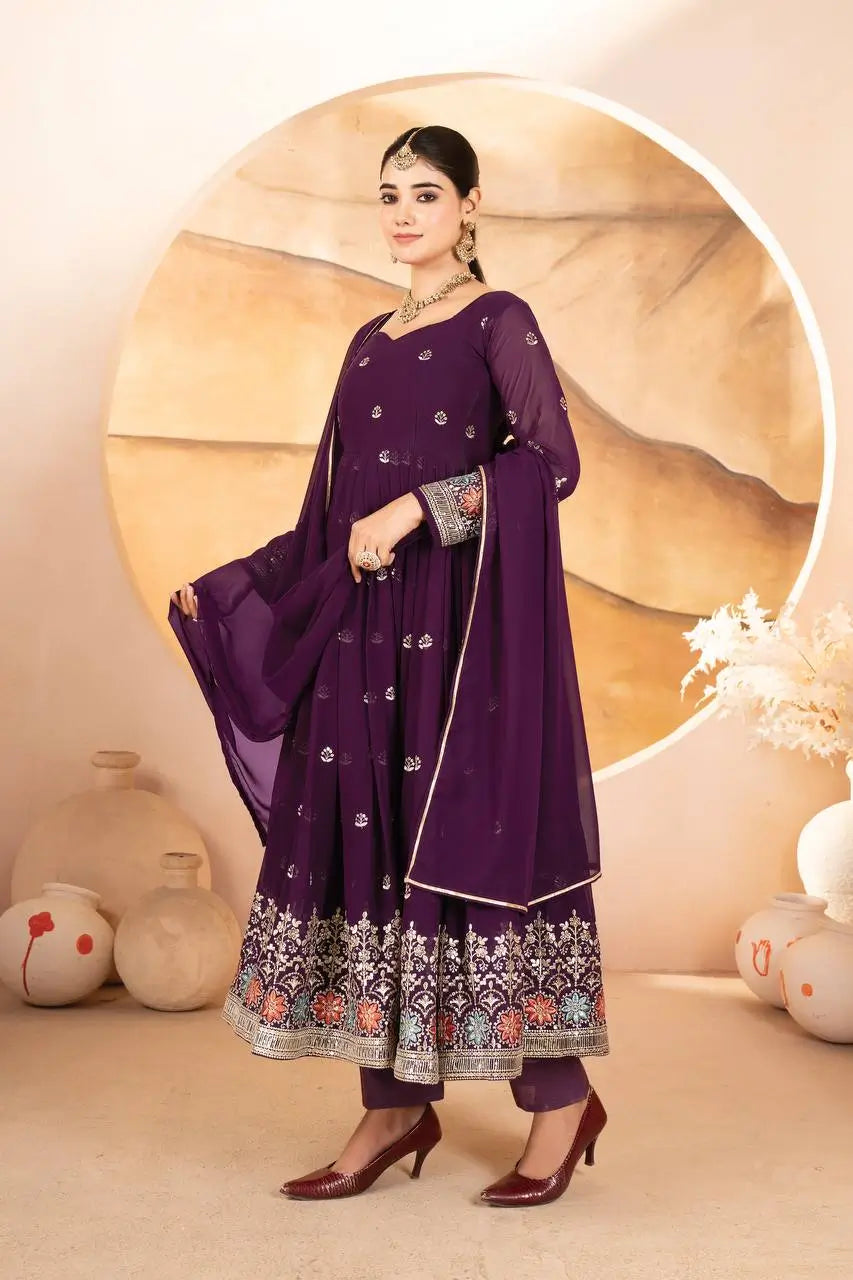 Wine Embroidered Blooming Anarkali Gown Set with Dupatta