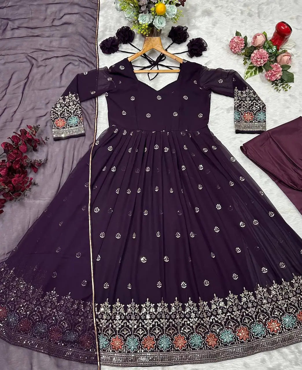Wine Embroidered Blooming Anarkali Gown Set with Dupatta