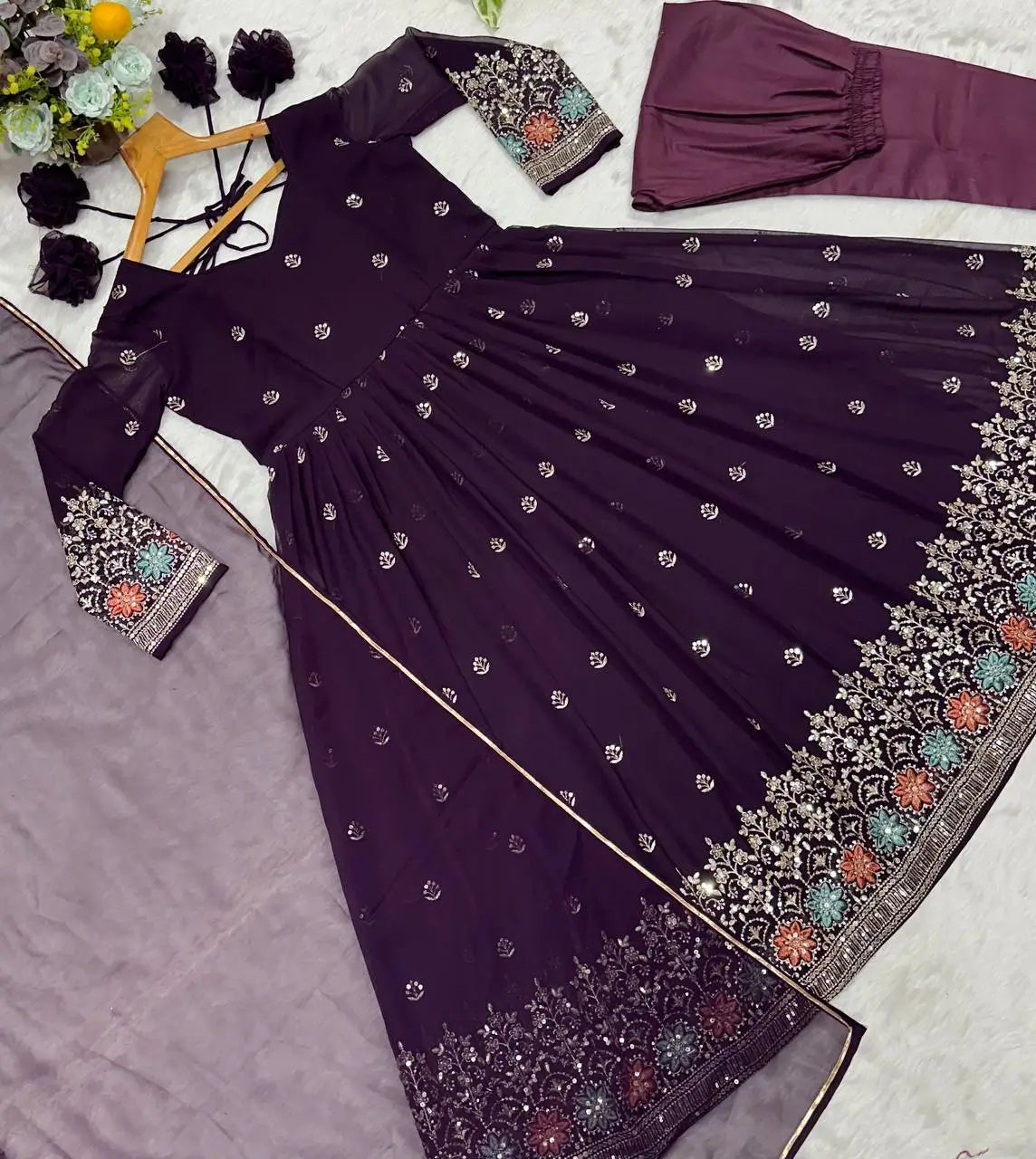 Wine Embroidered Blooming Anarkali Gown Set with Dupatta