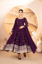 Wine Embroidered Blooming Anarkali Gown Set with Dupatta