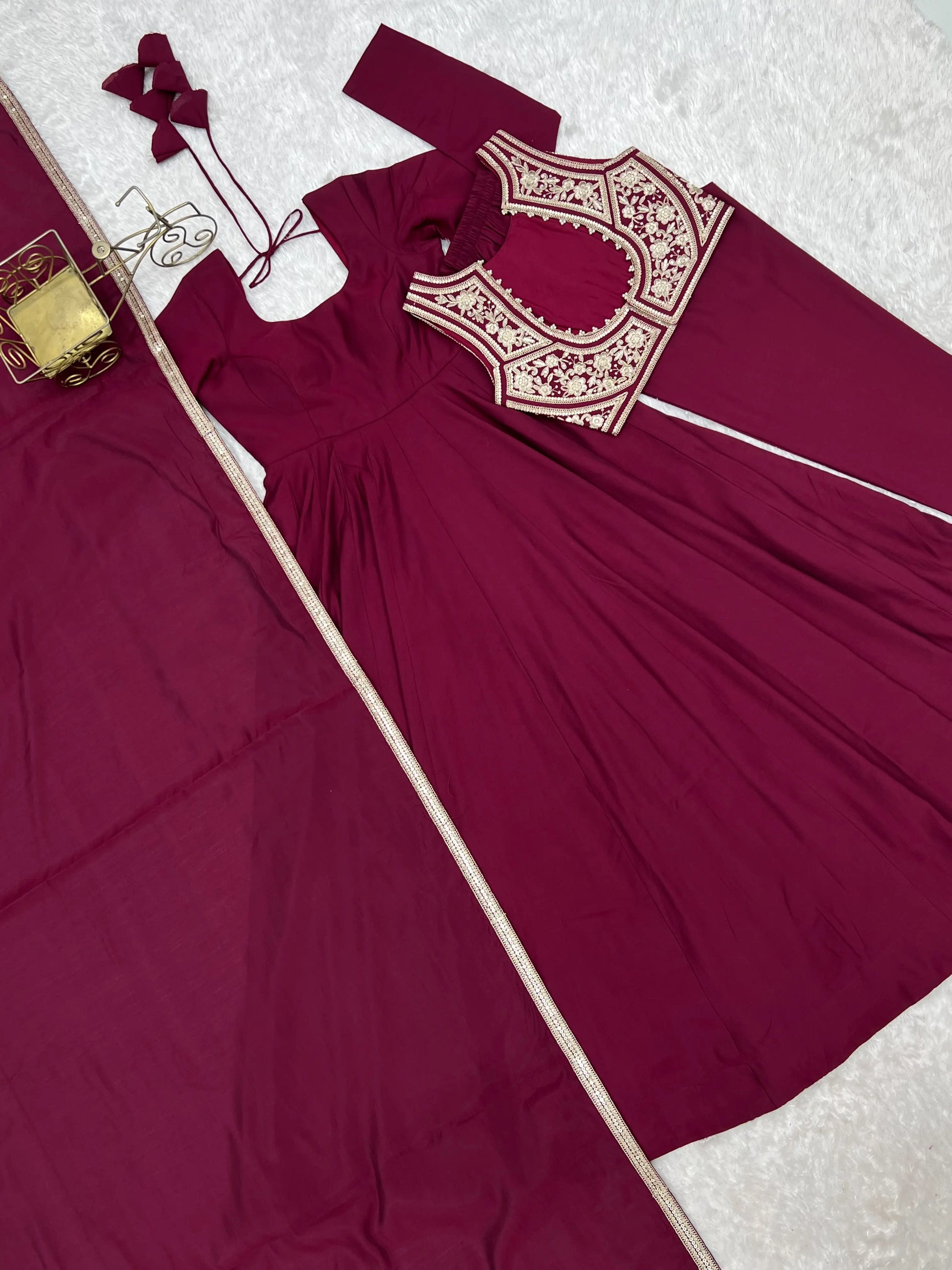 Wine Embroidered Jacket Anarkali