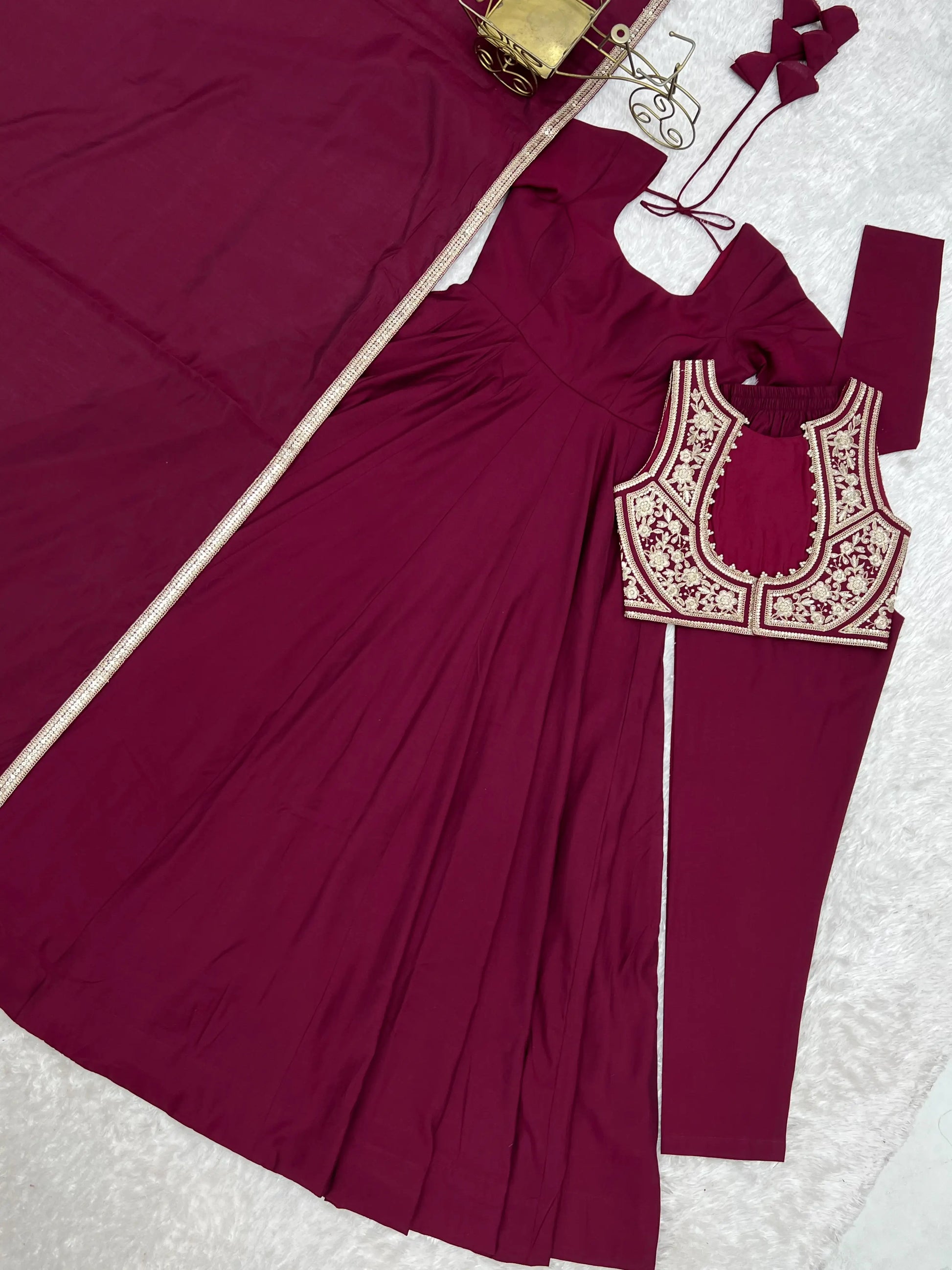 Wine Embroidered Jacket Anarkali