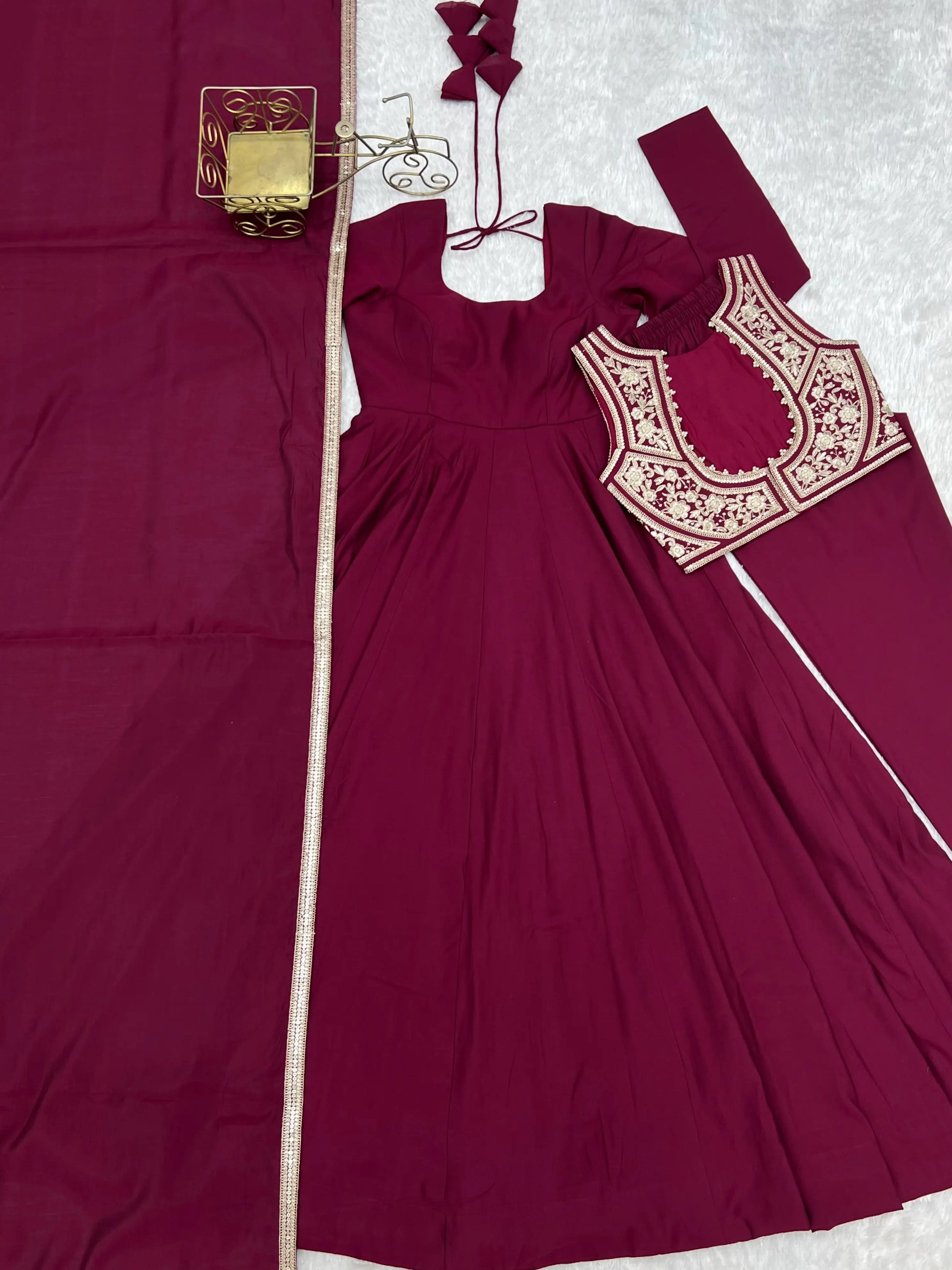 Wine Embroidered Jacket Anarkali