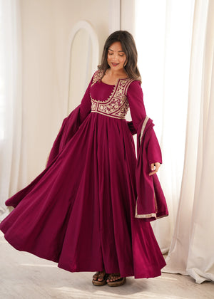 Wine Embroidered Jacket Anarkali