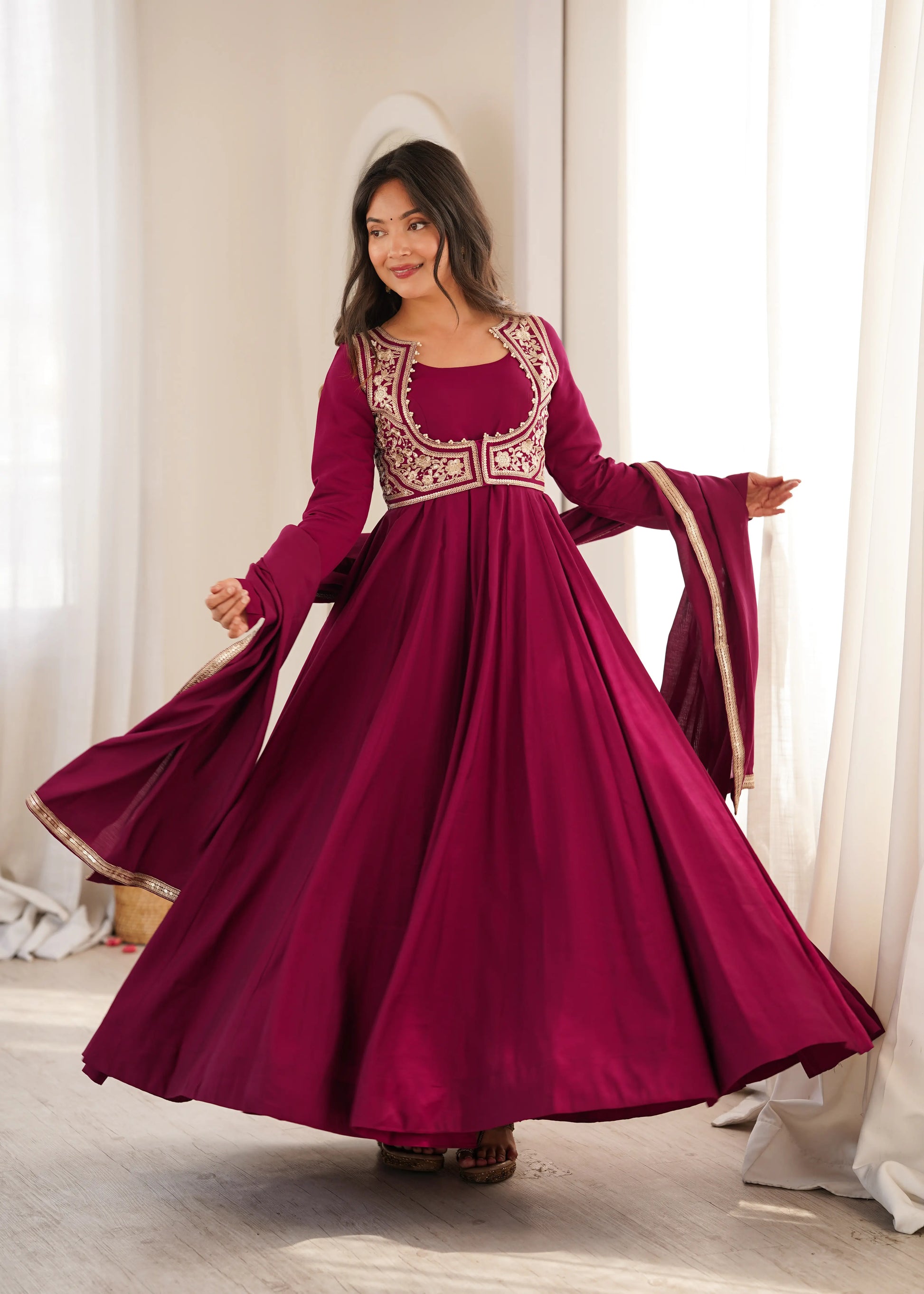 Wine Embroidered Jacket Anarkali
