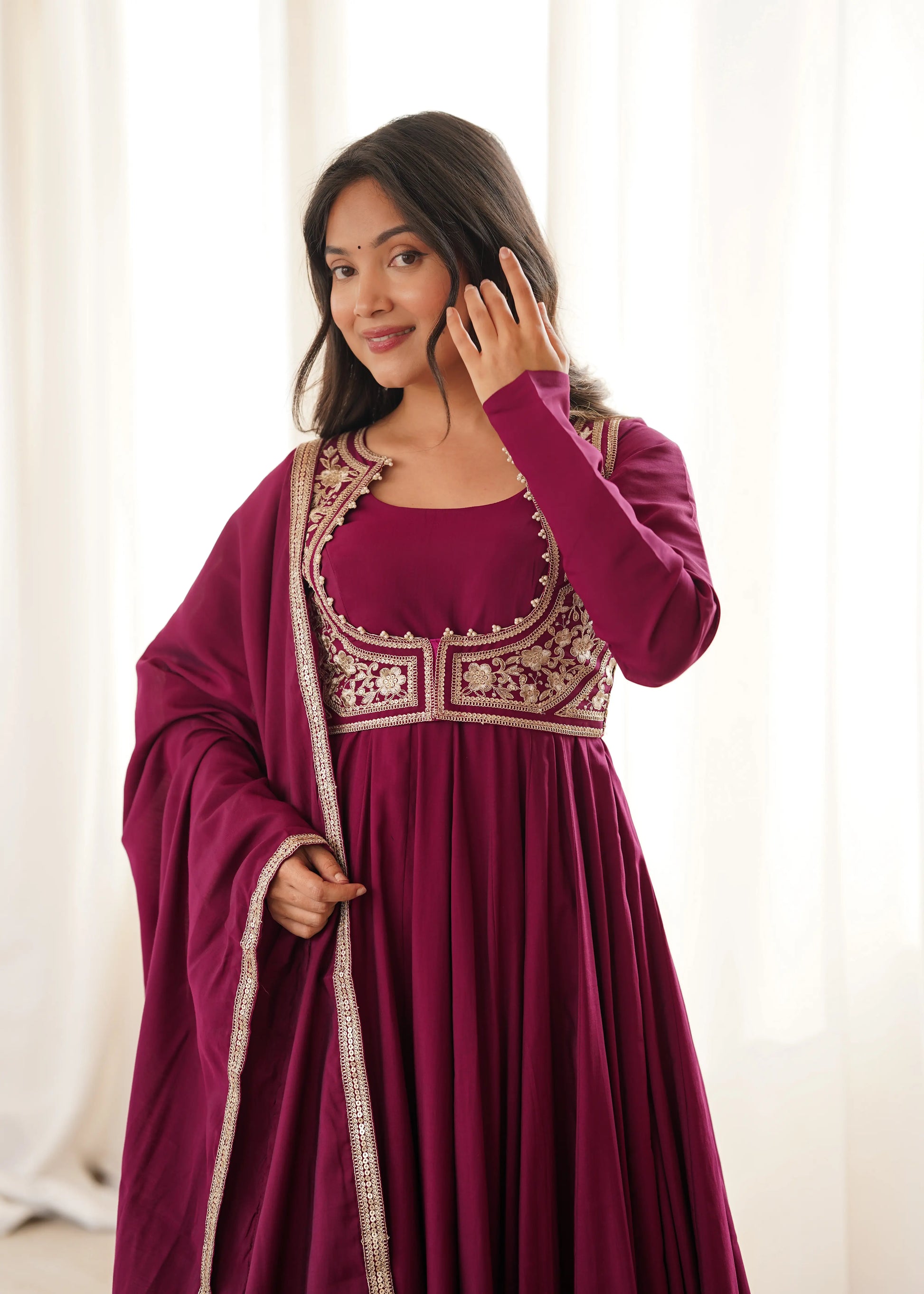Wine Embroidered Jacket Anarkali