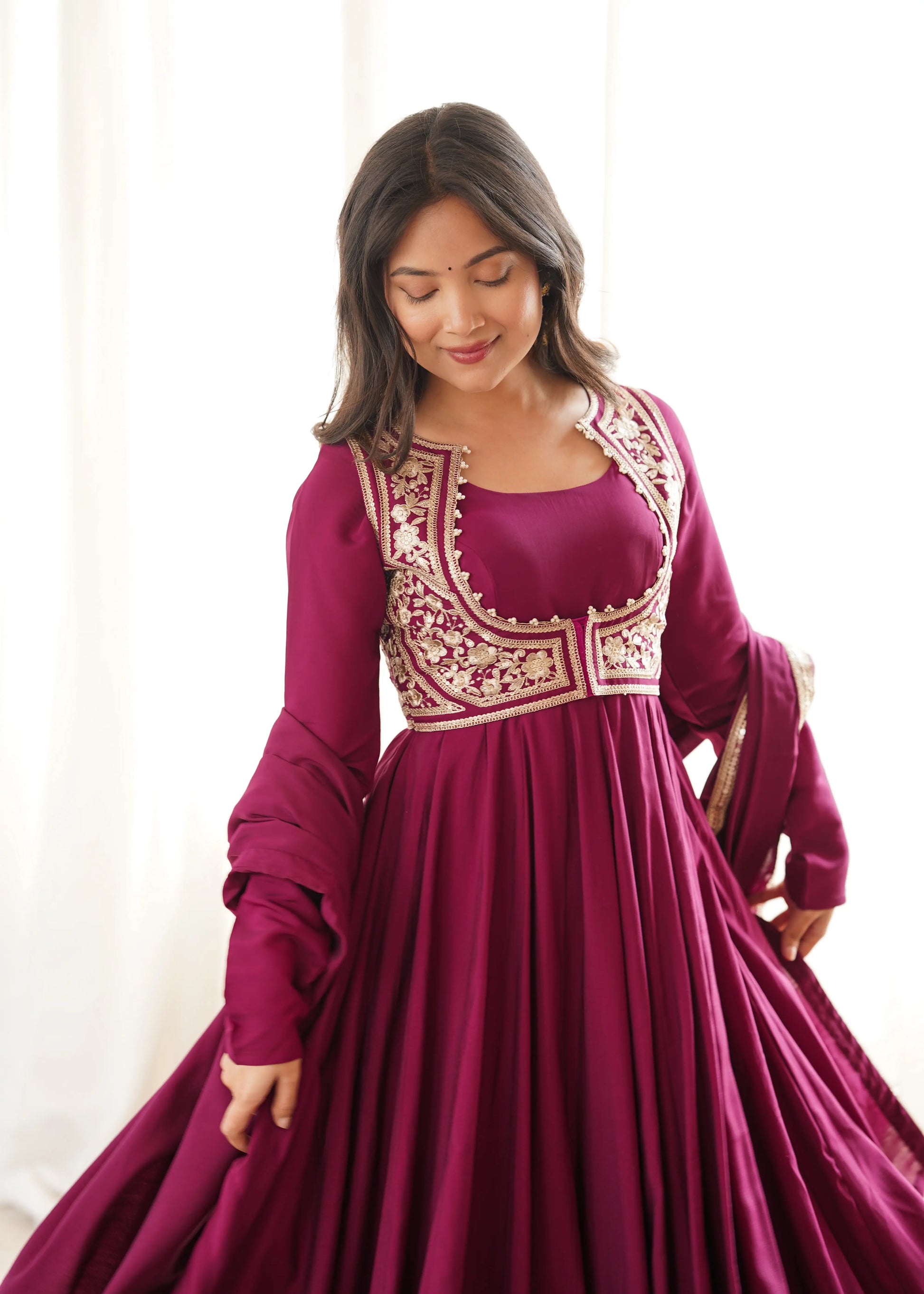 Wine Embroidered Jacket Anarkali