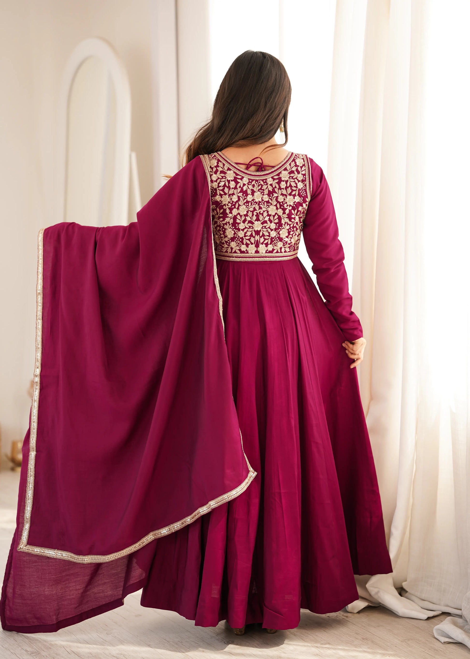 Wine Embroidered Jacket Anarkali