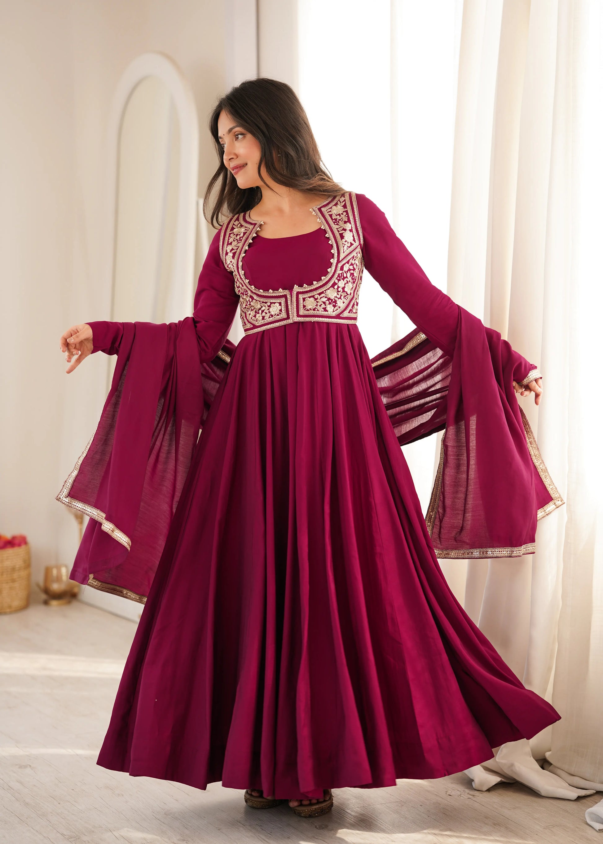 Wine Embroidered Jacket Anarkali